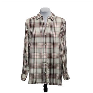 NWT MAX STUDIO plaid loose fit long casual button down shirt